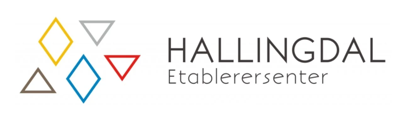 Logo with five diamond-shaped outlines in yellow, gray, brown, blue, and red, next to the text "HALLINGDAL Etablerersenter" in black.