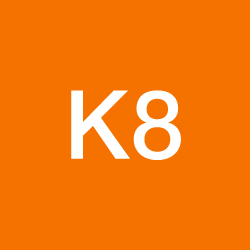 Orange background with white text 'k8'