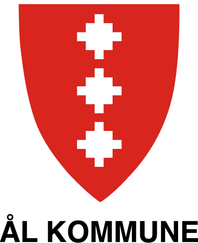A red shield with three white cross-like shapes vertically aligned, and the words 'ÅL KOMMUNE' in bold black letters below.