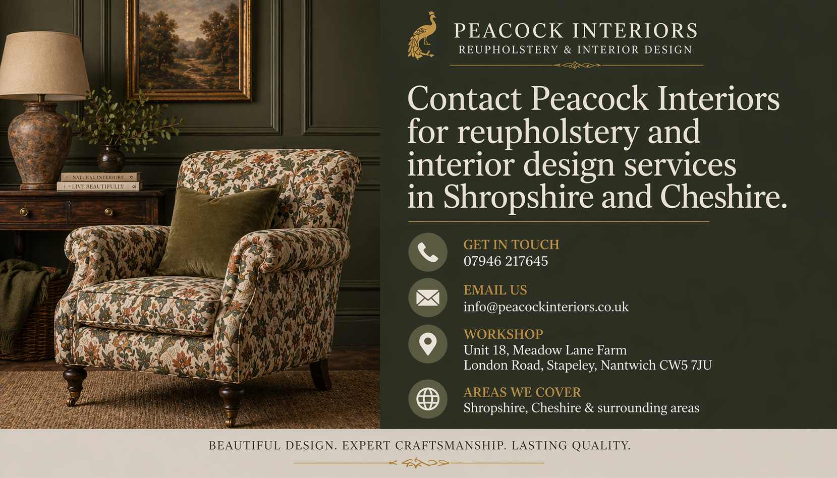 Contact Peacock Interiors for reupholstery and interior design services in Shropshire and Cheshire