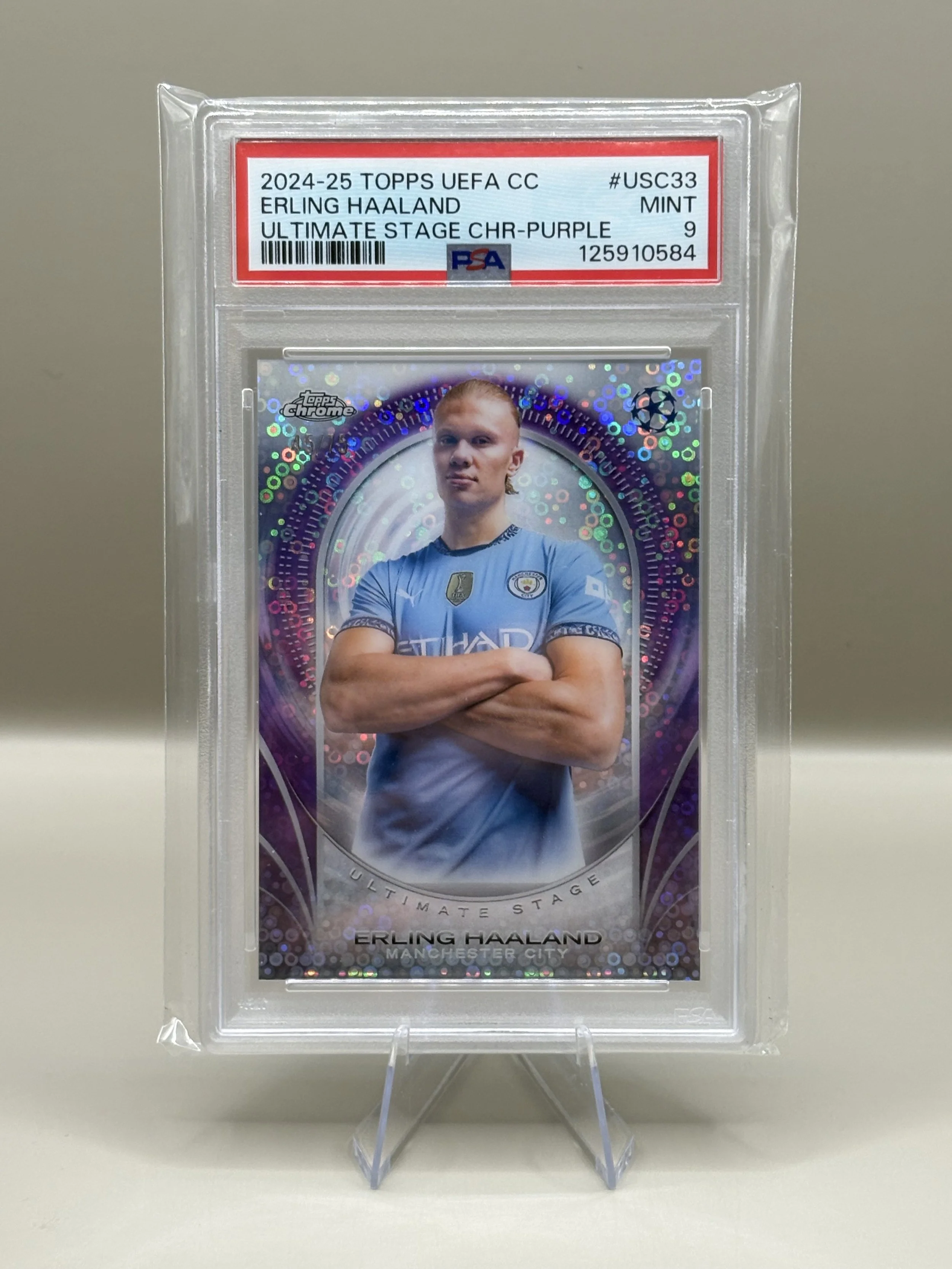 2024 25 Topps UEFA Club Competitions Erling Haaland Ultimate Stage Purple 45/75 PSA 9