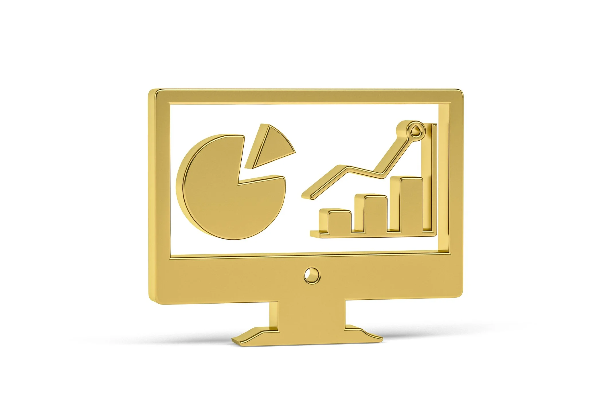 Gold-colored computer monitor displaying graphs, including a pie chart and a bar graph with a rising trend line.