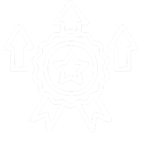 An award badge featuring a star at the center, surrounded by a gear and three upward arrows, with ribbons hanging below.