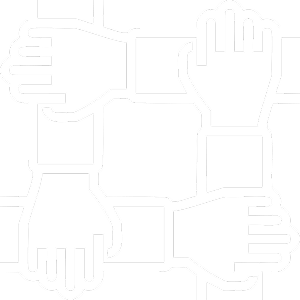 Four hands in a square, symbolizing teamwork or collaboration.