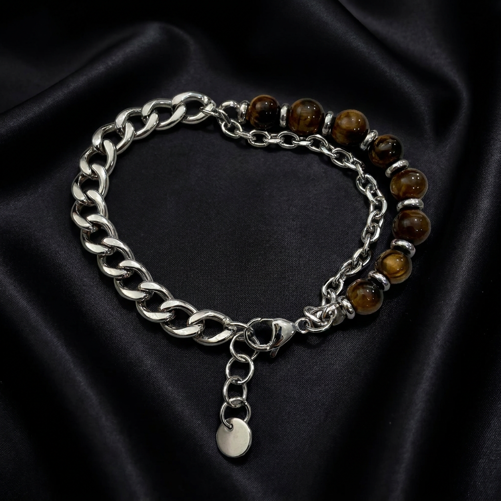Stainless Steel & Tiger Eye Beaded Chain Bracelet