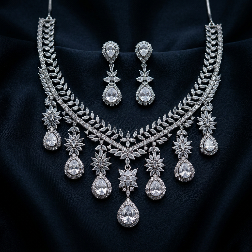 Crystal Bloom CZ Statement Jewelry Necklace Set