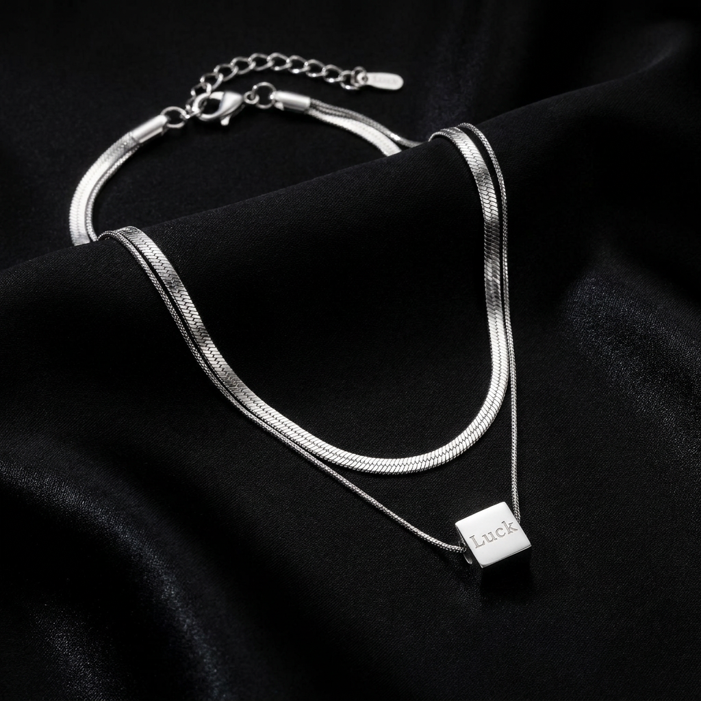 Silver-Tone Layered Snake Chain Necklace with Lucky Cube Pendant