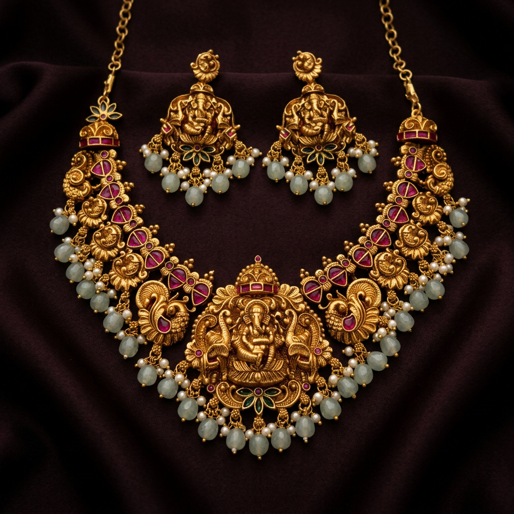 Temple Divine Ganesh Pearl Drop Necklace Set with Matching Earrings