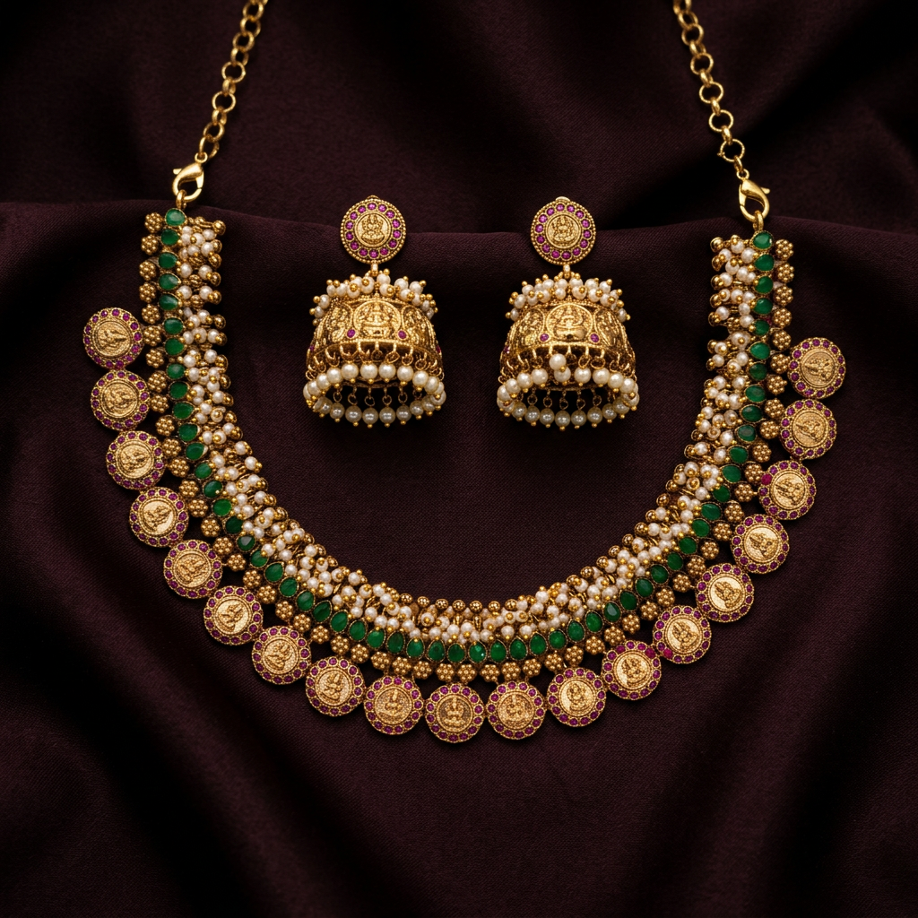 Gold Tone Emerald Temple Necklace Set & Pearl Jhumka Earrings