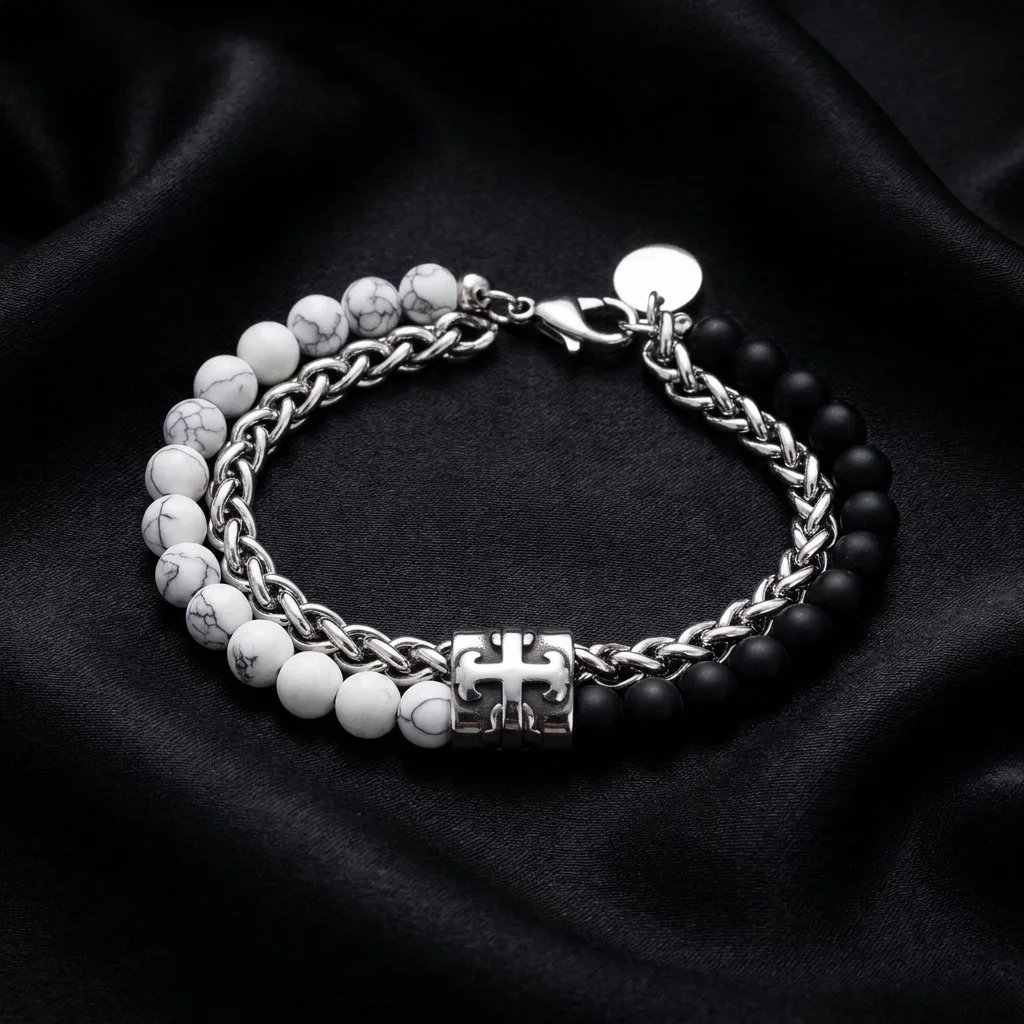 Black & White Beaded Bracelet with Stainless Steel Cross Charm