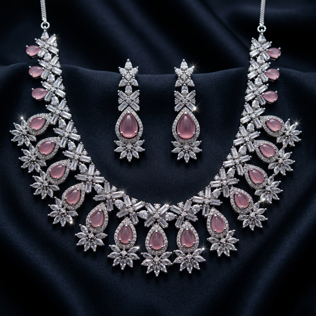 Celestial Bloom Pink Stone Luxury Jewelry Necklace Set