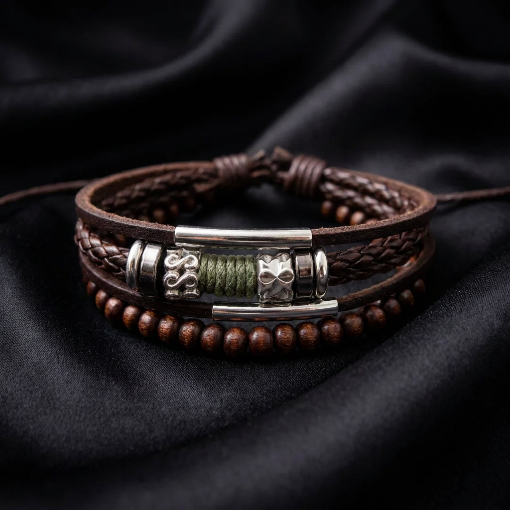 Adjustable Multi-Layer Brown Leather & Wooden Bead Bracelet
