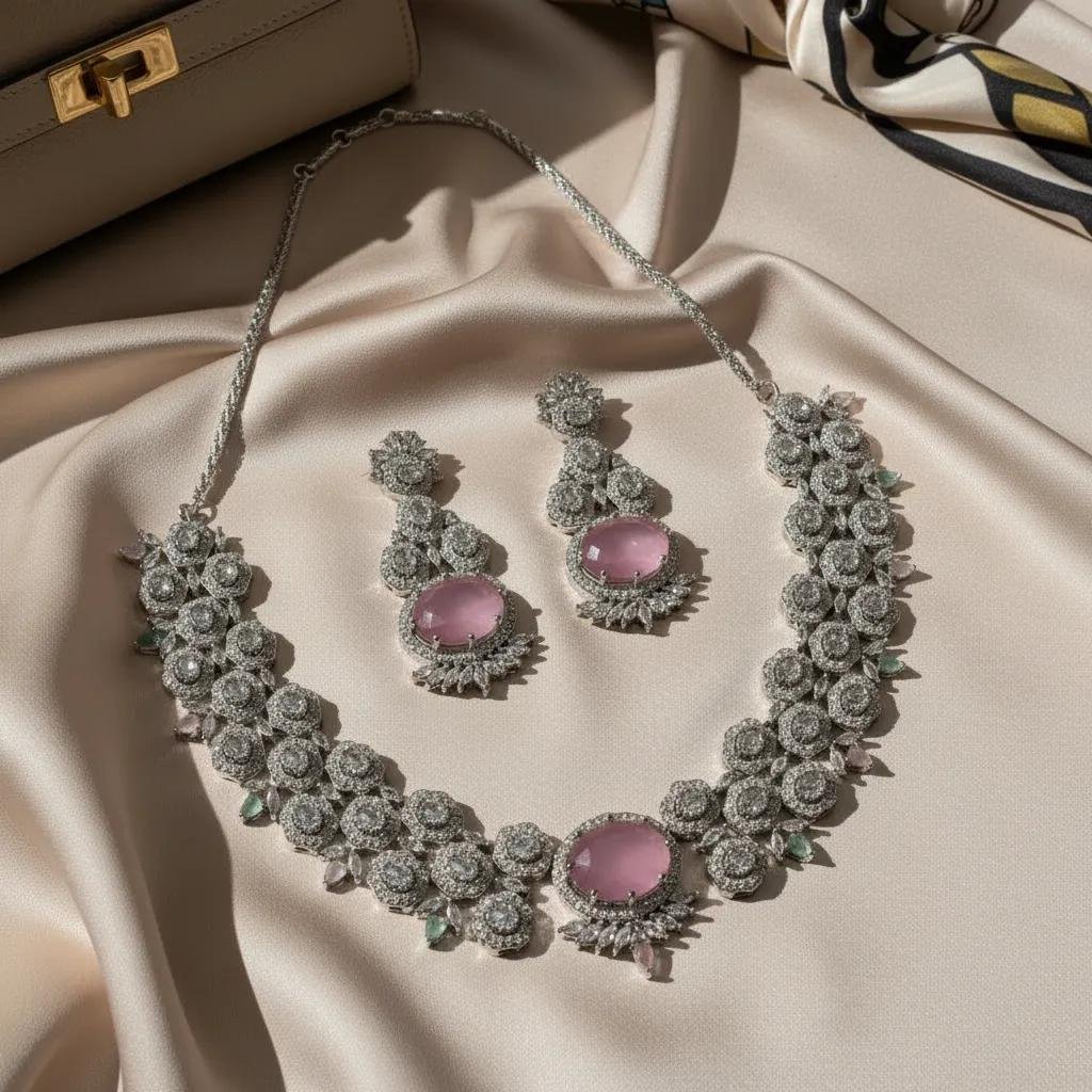 Royal Blossom Blush Pink Stone Jewelry Necklace Set