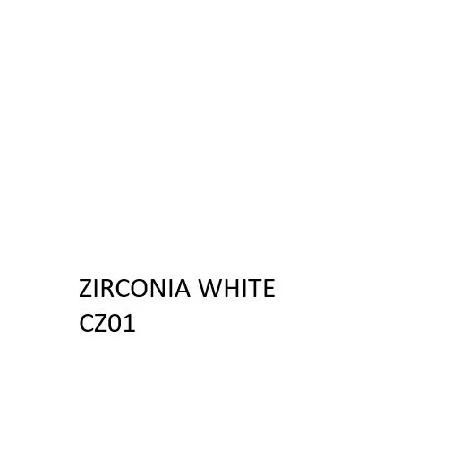 A white ceramic tile labeled 'ZIRCONIA WHITE CZ01' with a plain white background.