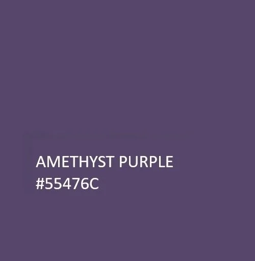 A solid amethyst purple color sample with text indicating the color name and hex code.