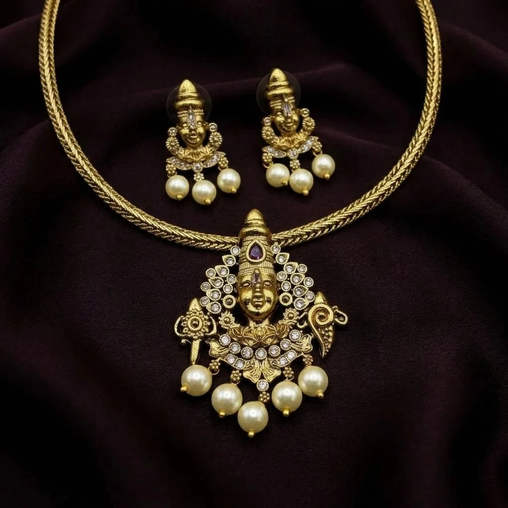 Temple Divine Perumal Pearl Drop Necklace Set with Matching Earrings