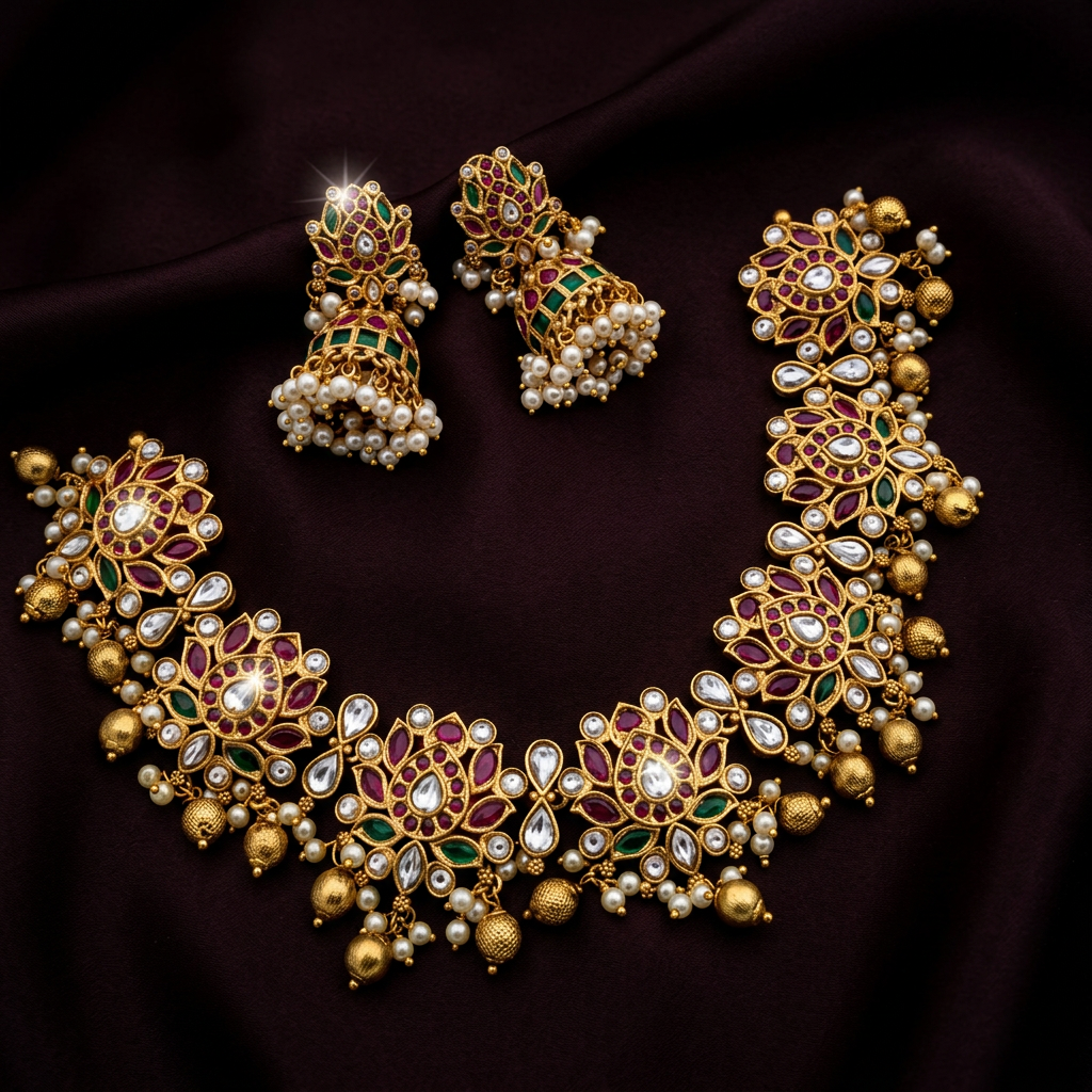 Royal Gold Finish Kundan & Pearl Necklace Set
