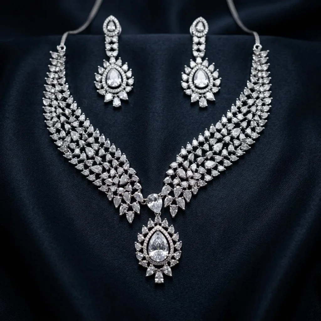 Silver Leaf Elegance Stone Jewelry Necklace Set