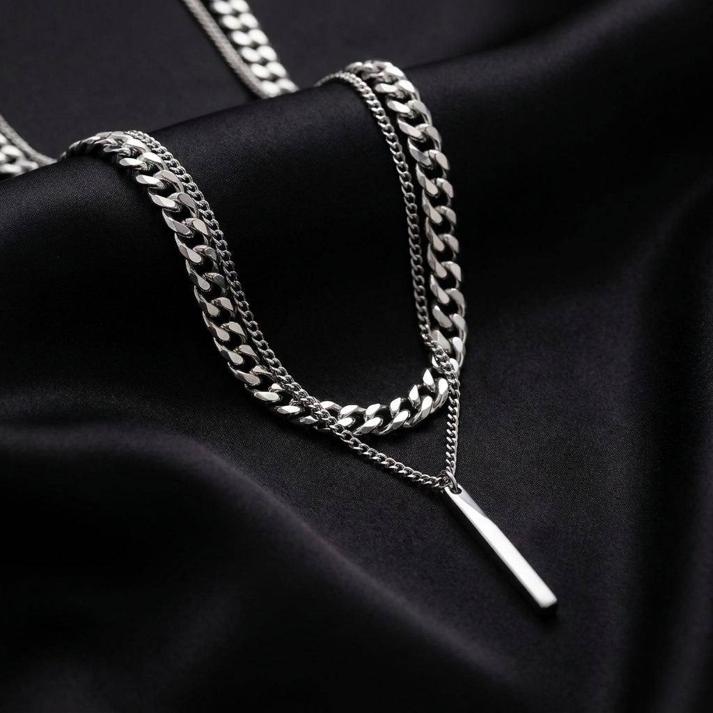 Silver Double Layer Necklace with Bar Pendant