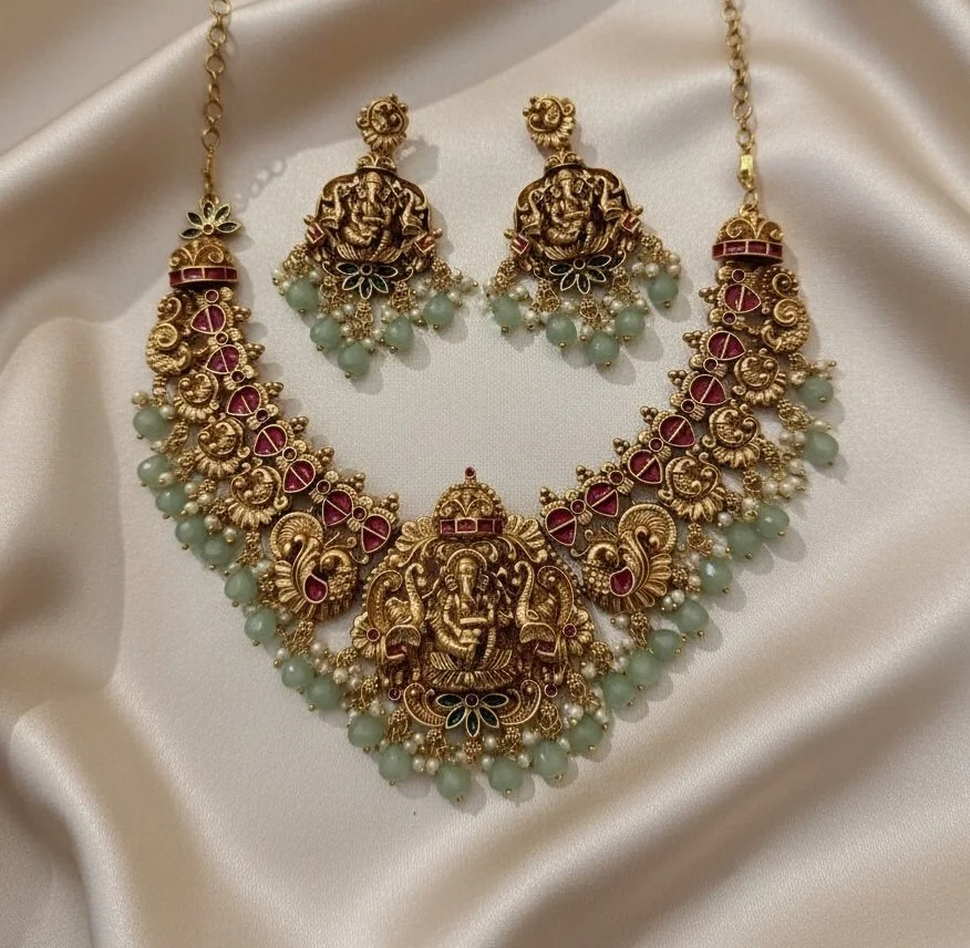 Temple Divine Ganesh Pearl Drop Necklace Set with Matching Earrings