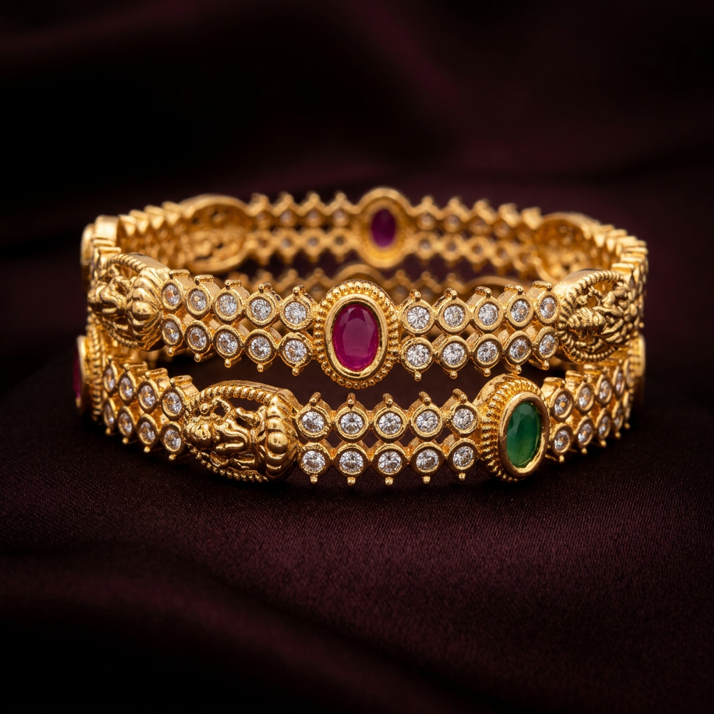 Gold Tone Temple CZ Emerald Ruby Accent Stone Bangles Set - Count of 2