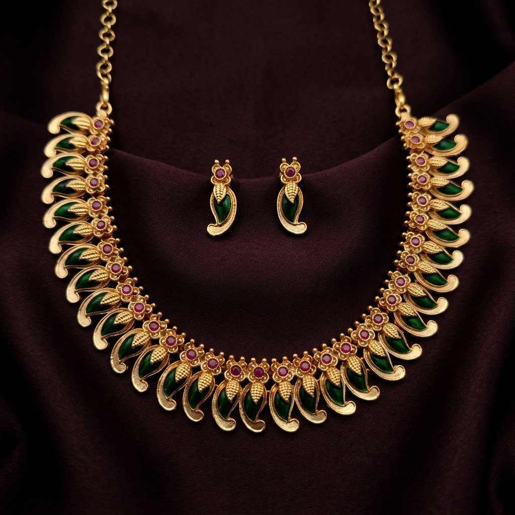 Gold Tone Leaf Design Necklace Set with Green Stones & Red Accents