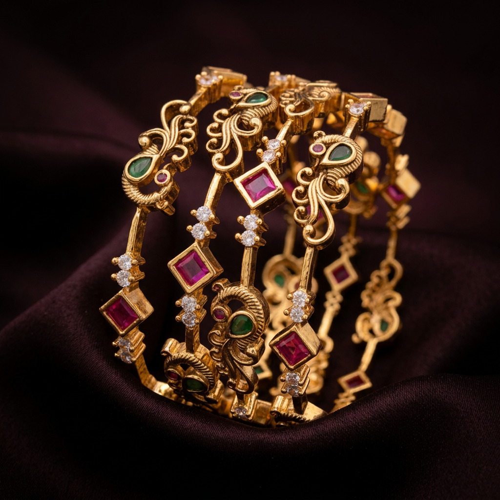 Gold Tone Peacock Design & Ruby Emerald Accent Stone Bangles Set - Count of 4