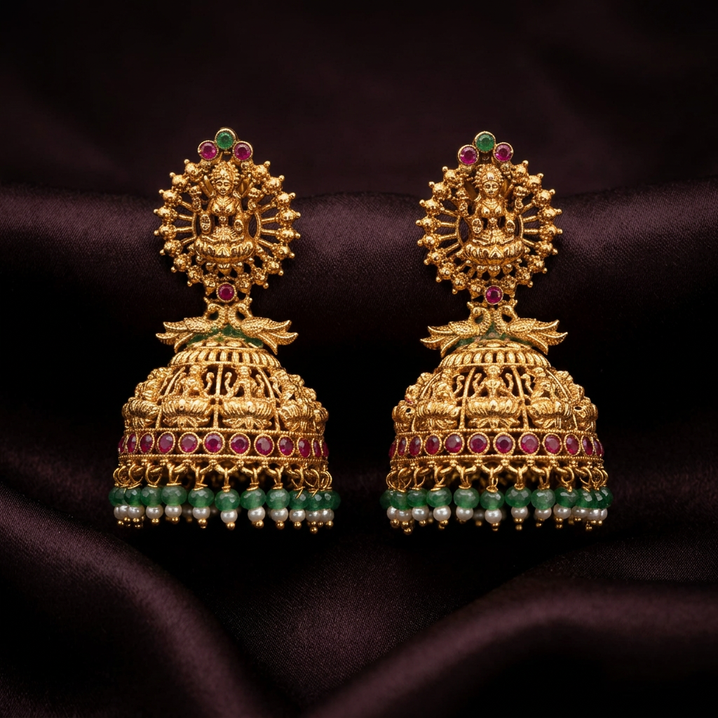 Gold Tone Temple Lakshmi Jhumka Earrings with Green Bead Drops