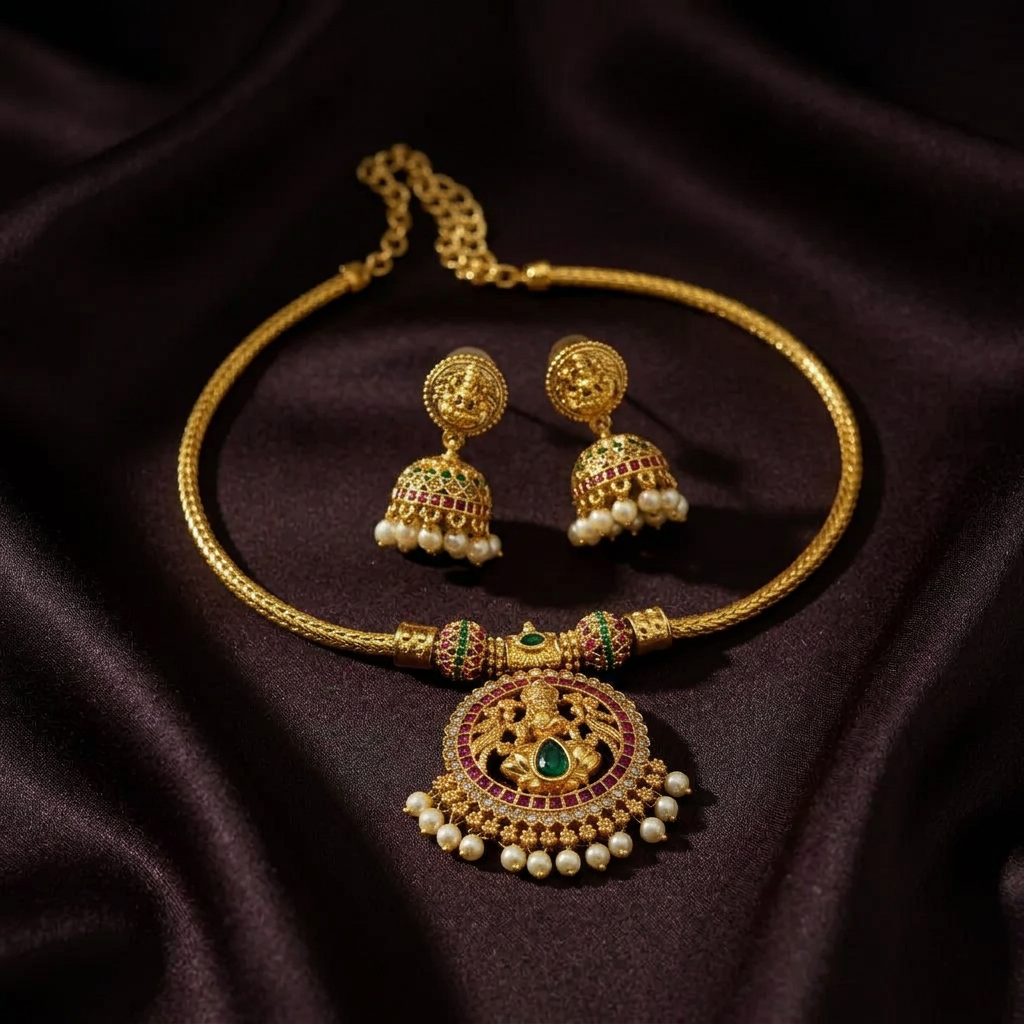Temple Divine Lakshmi Pearl Drop Necklace Set with Matching Earrings