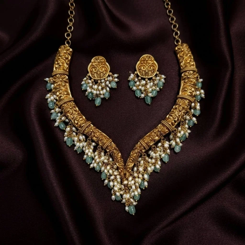 Antique Gold Finish Pearl & Soft Mint Bead Jewelry Necklace Set