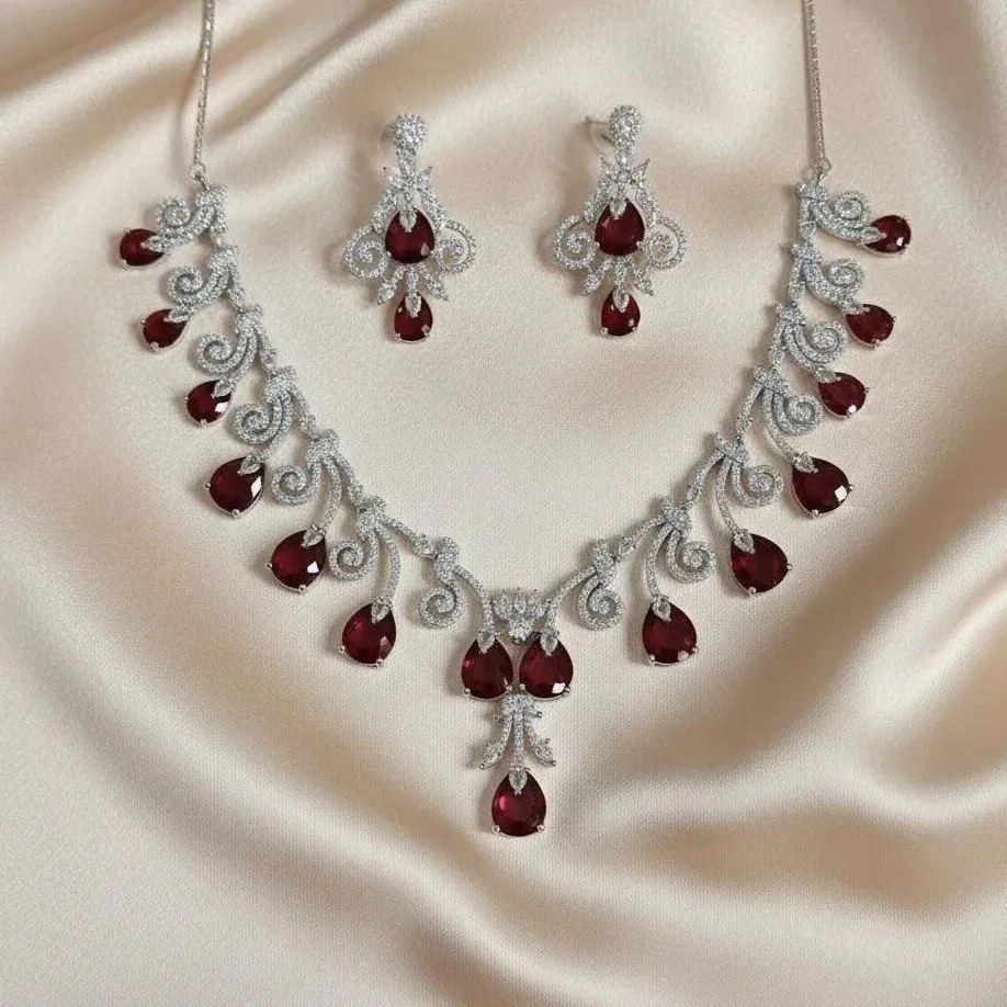 Regal Ruby Red Drop Statement Jewelry Necklace Set