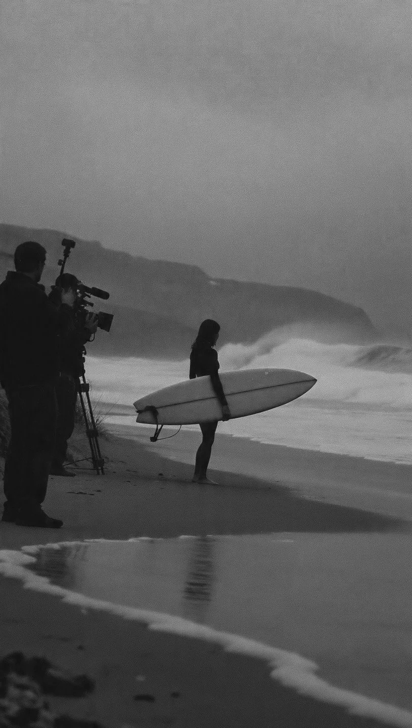 A woman with a surfboard on the beach, facing the ocean, with a cameraman filming her. Waves are crashing in the background, and a person is using a tripod-mounted camera.