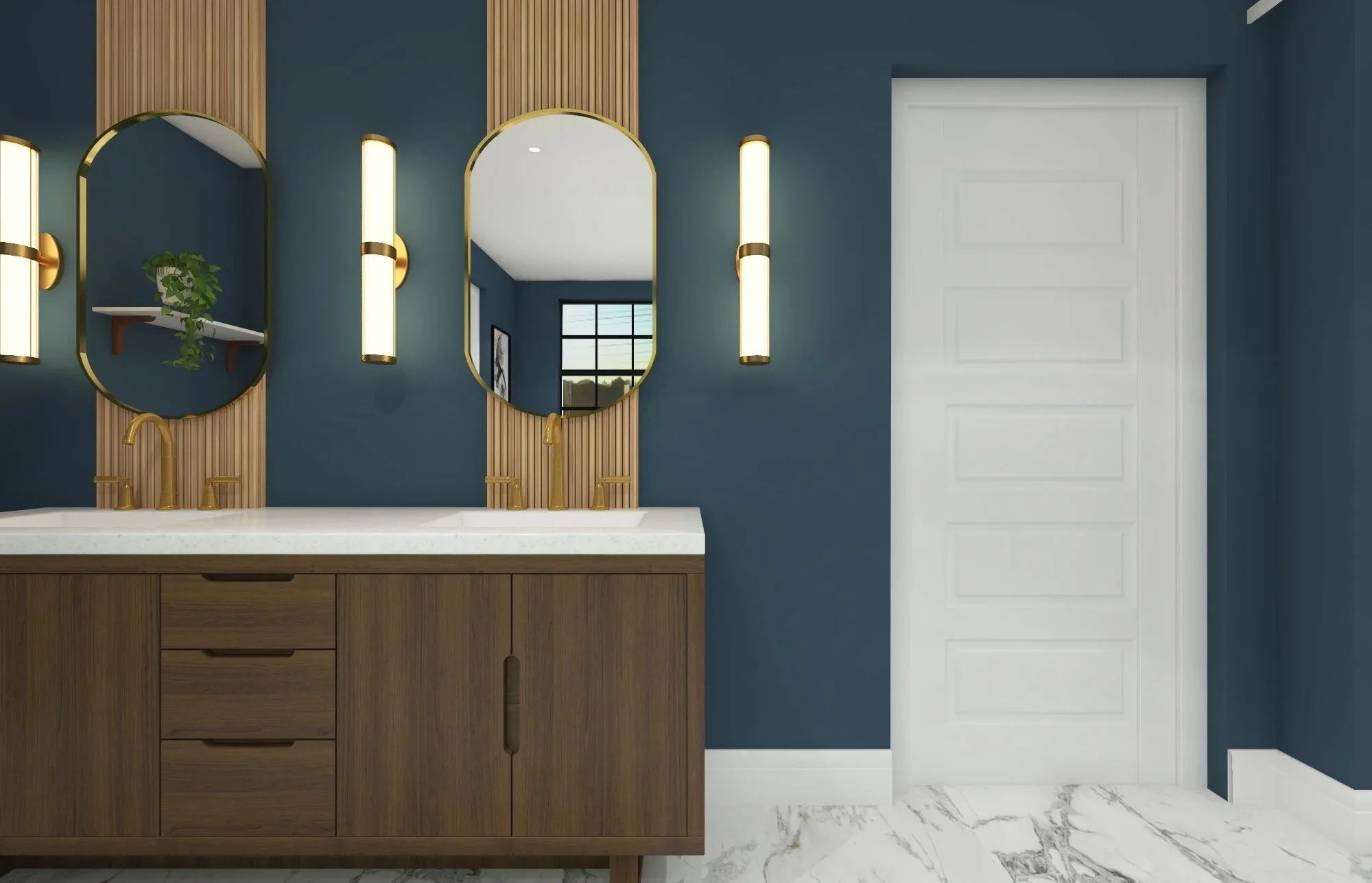Modern bathroom with double vanity, two oval mirrors with gold frames, dark blue walls, white door, marble floor, and wall-mounted light fixtures.