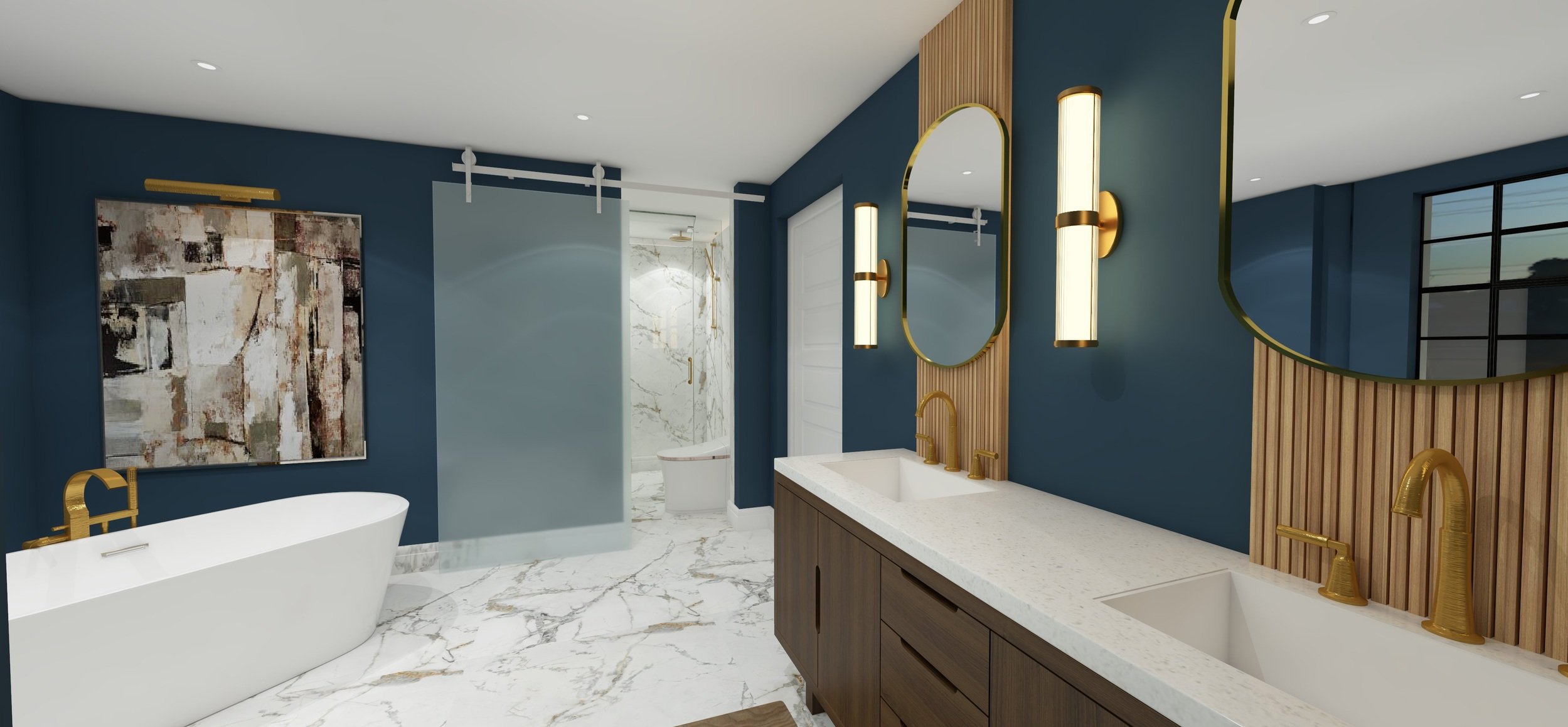 Modern bathroom with a white freestanding bathtub, double sink vanity with gold fixtures, blue walls, marble flooring, wooden accents, and a sliding glass door leading to a shower area.