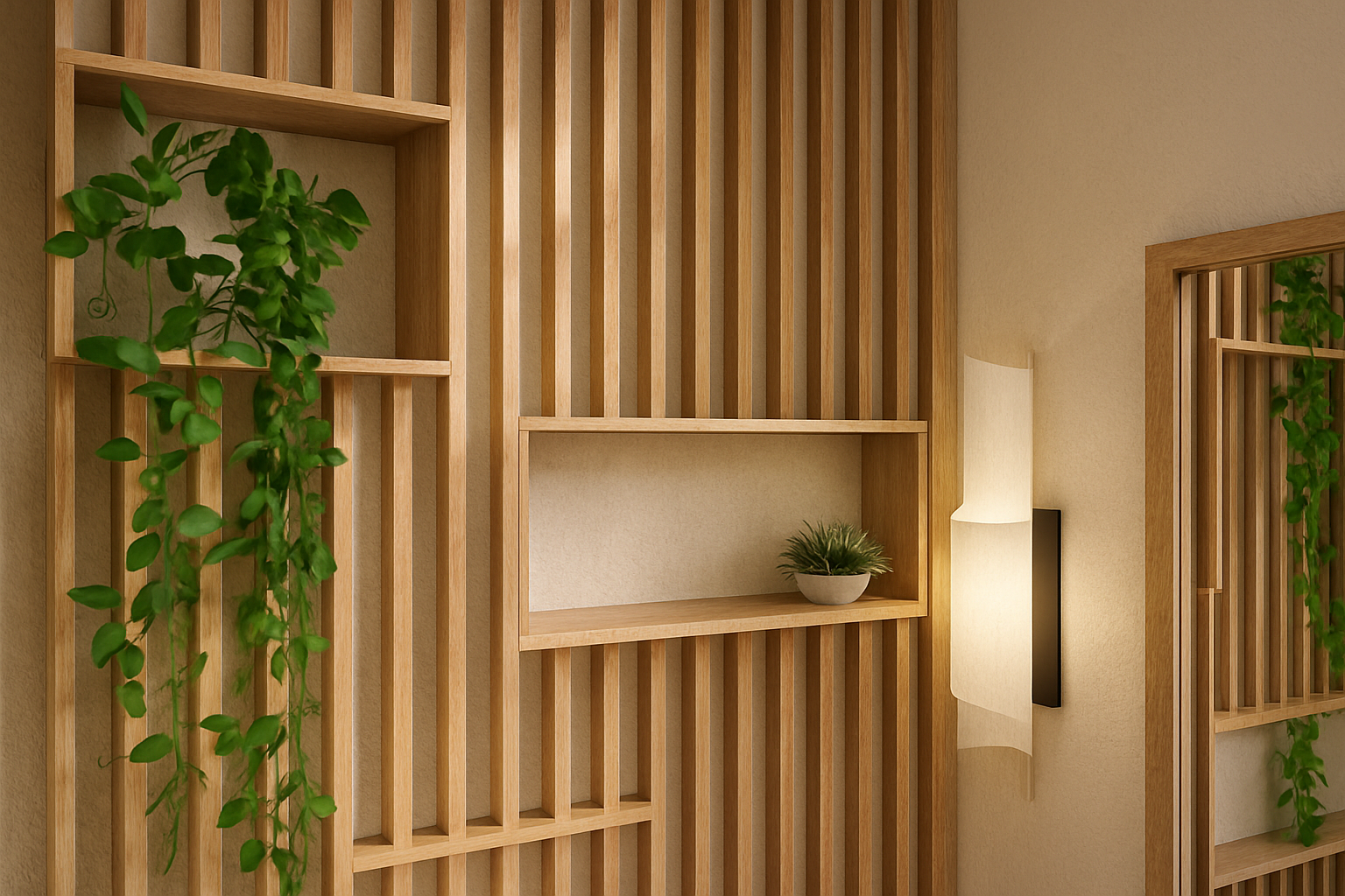Interior wall with wooden slats and shelves, decorated with potted plants and a wall-mounted light fixture.