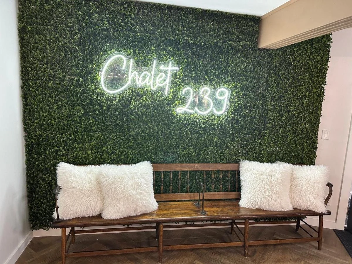 A social media instagram wall with green foliage and a neon sign that reads "Chalet 239," a wooden bench with three fluffy white pillows is placed against the wall.