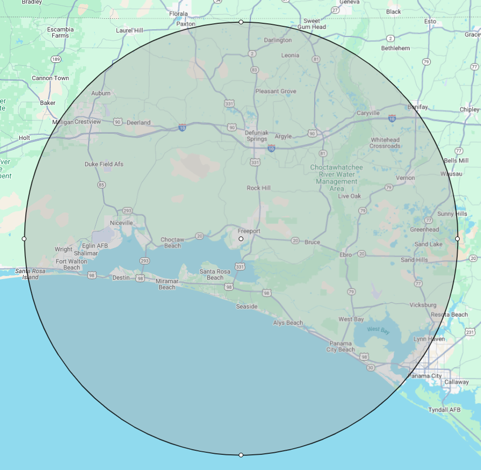 Service area map centered on Freeport, Florida, showing concentric distance zones that outline the core, extended, and by-quote areas served by First Impression Exteriors.