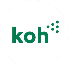 Koh logo with green text and dots on a white background