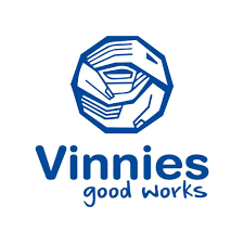 Logo of Vinnies featuring a stylized blue geometric lion's head and the text 'Vinnies good works'.