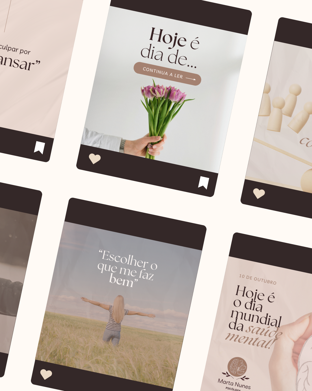 Templates para Instagram com identidade visual clean e minimalista, mostrando diferentes designs de posts criados pela Amanda Dias Design Criativo.