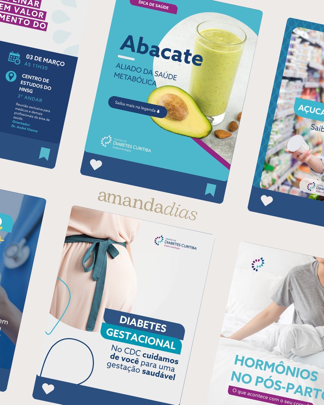 Designs para o Instagram criados recentemente para o @centrodediabetesctba, aplicando a linha criativa pr&oacute;pria da marca. 💧

Se o seu neg&oacute;cio est&aacute; precisando de ajuda na cria&ccedil;&atilde;o de designs para as redes sociais, ent