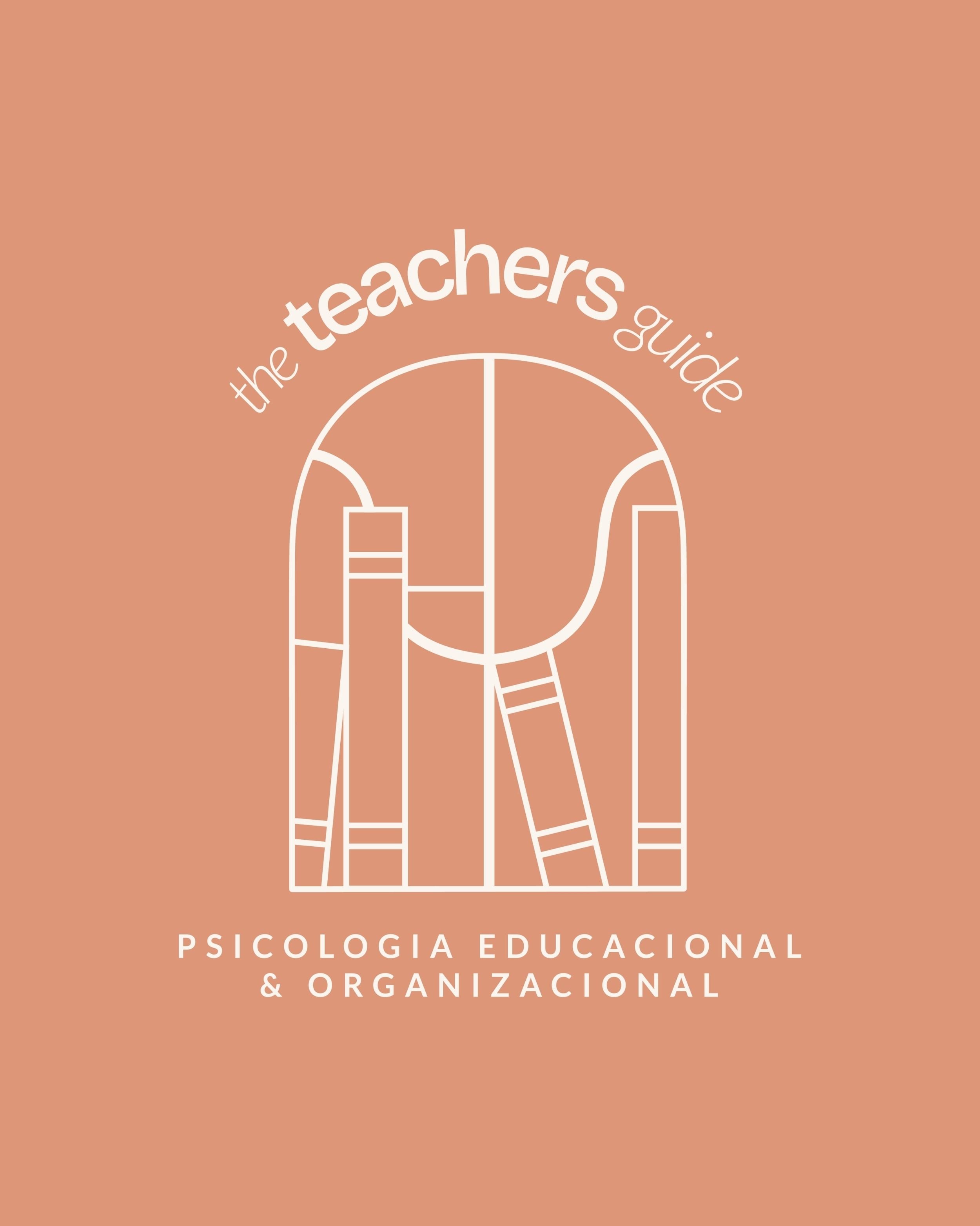 Logotipo de psicologia educacional e organizacional para professores e educadores. Arte minimalista em tom terracota com livros em formato de arco e o título "The Teachers Guide", focado em saúde mental no ambiente escolar.
