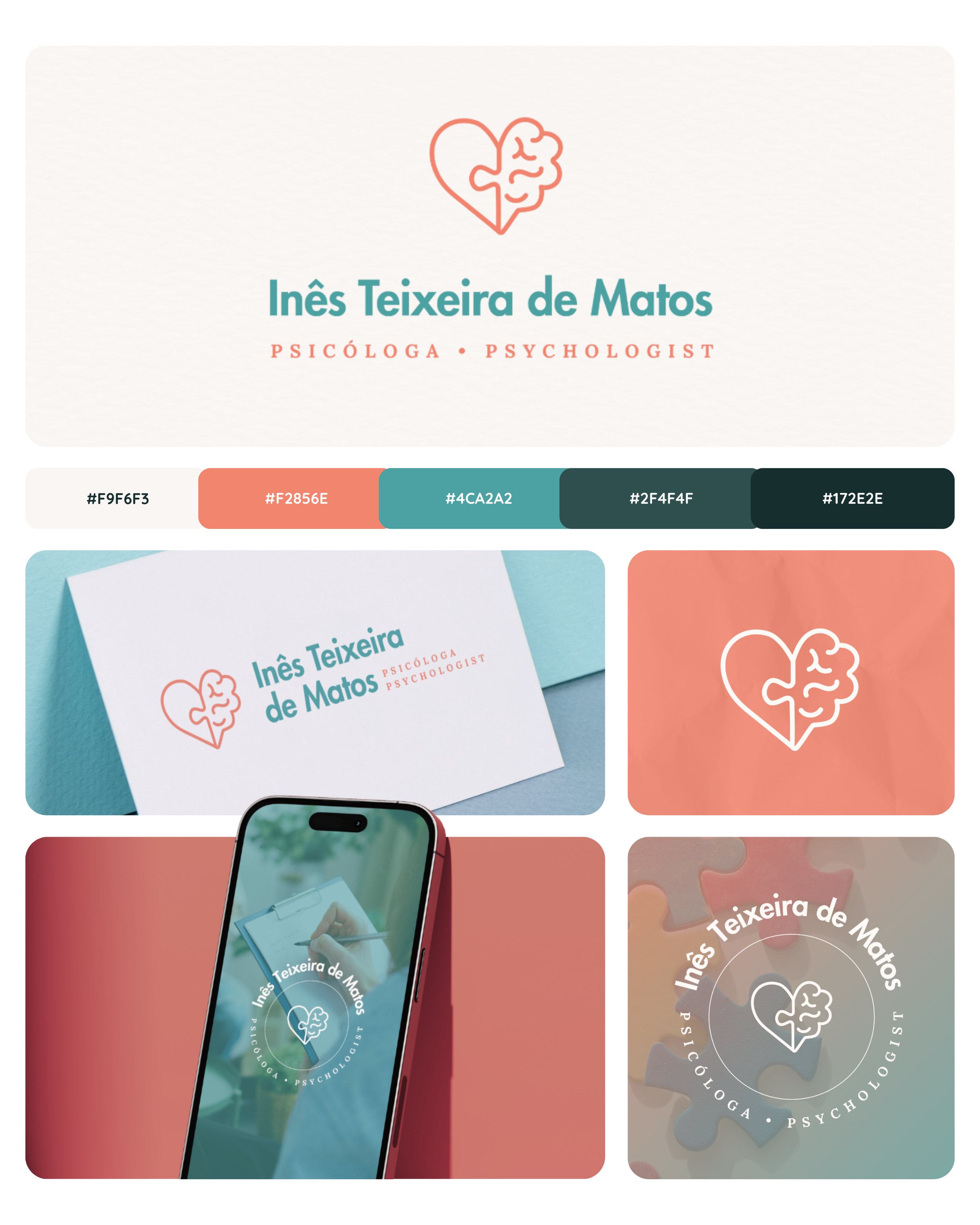 Brand identity design for a psychologist, featuring a heart and brain puzzle logo, terracotta and teal color palette, and mobile mockup applications.