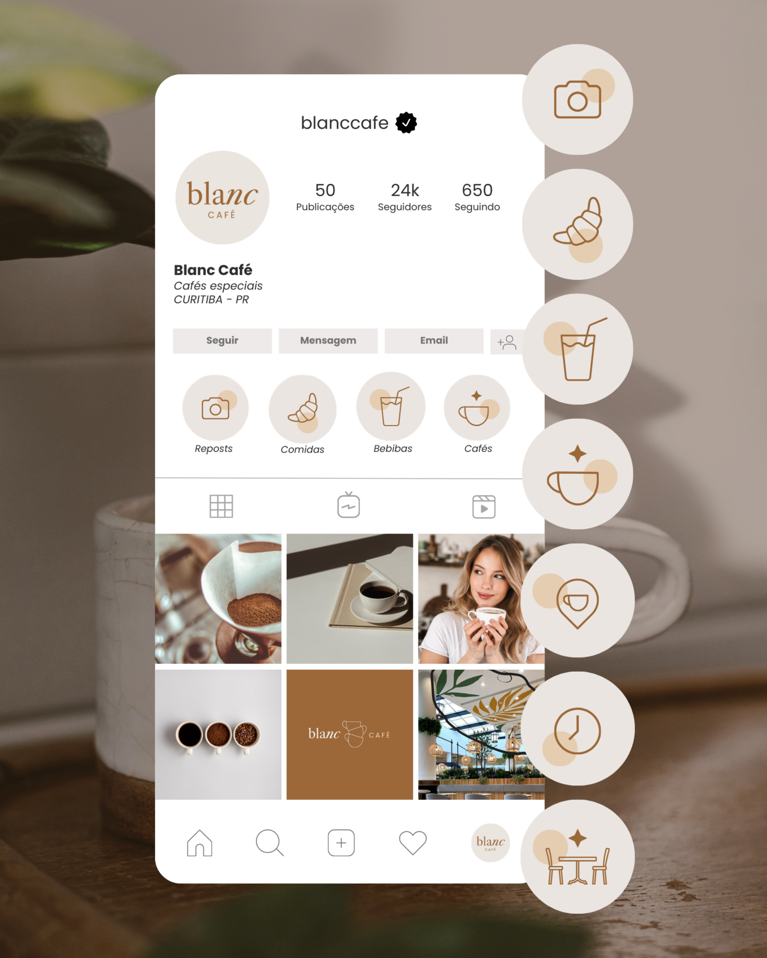 Design de social media para Instagram de cafeteria, incluindo ícones de destaques personalizados, organização de feed harmônico e estética minimalista em tons de marrom e bege.