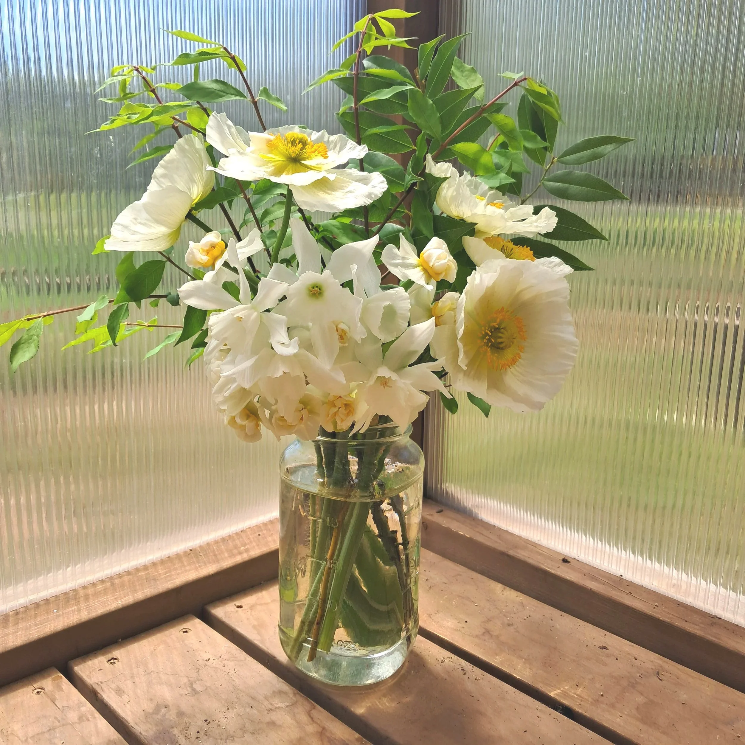Flower bouquet with poppies, daffodils and foliage