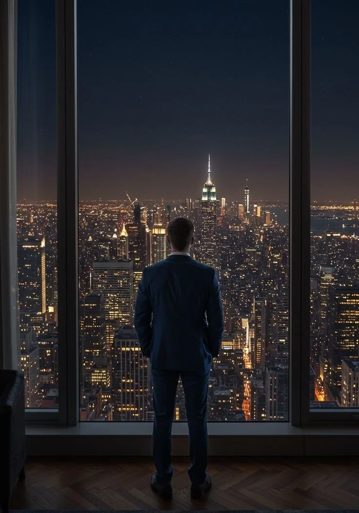 Executive standing in front of a city skyline at night, symbolizing leadership, control and strategic decision-making
