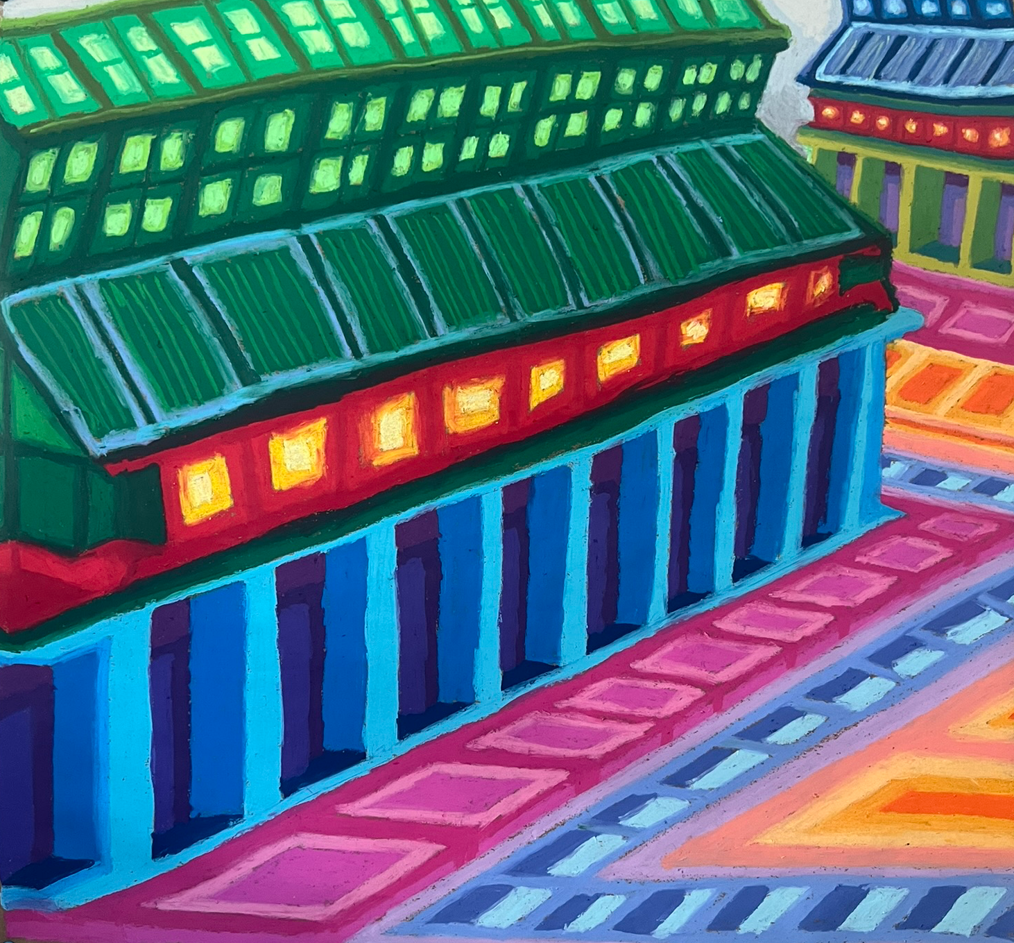 Dream Street, 2026.

Oil pastel on kraft paper.

An experiment building from abstract colors and shapes that forms a dream-like cityscape. Everyone sees something different.