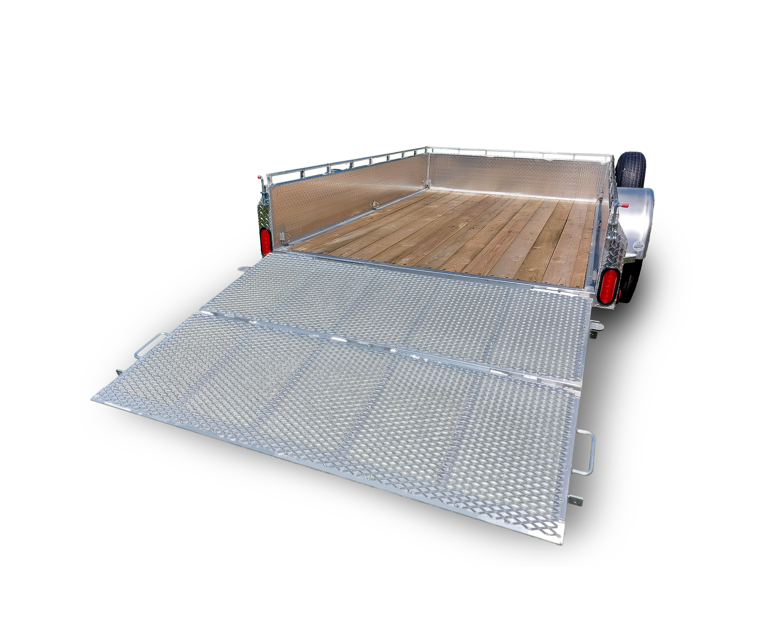 Open flatbed trailer with a wooden floor and metal sides, featuring a fold-down metal ramp, against a black background.
