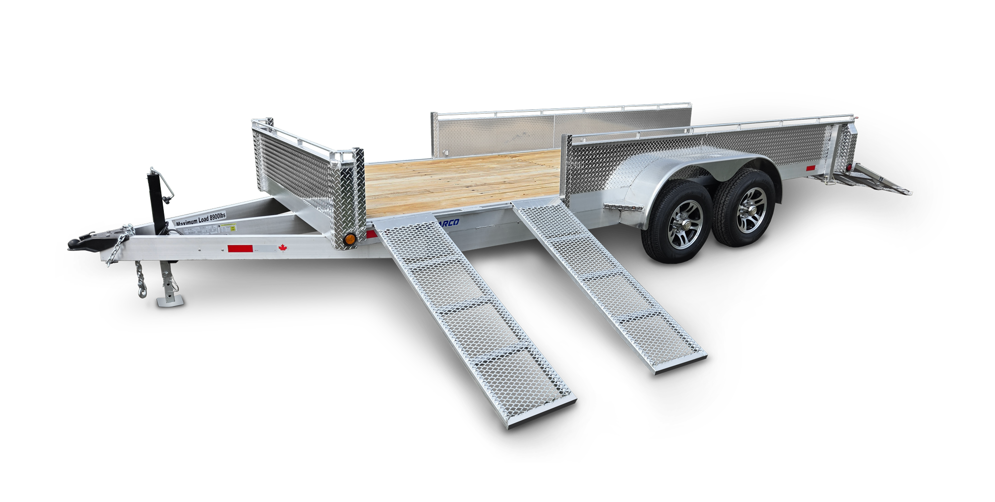 A flatbed utility trailer with metal ramps, wood flooring, and dual axles, equipped with safety rails and a hitch for towing.