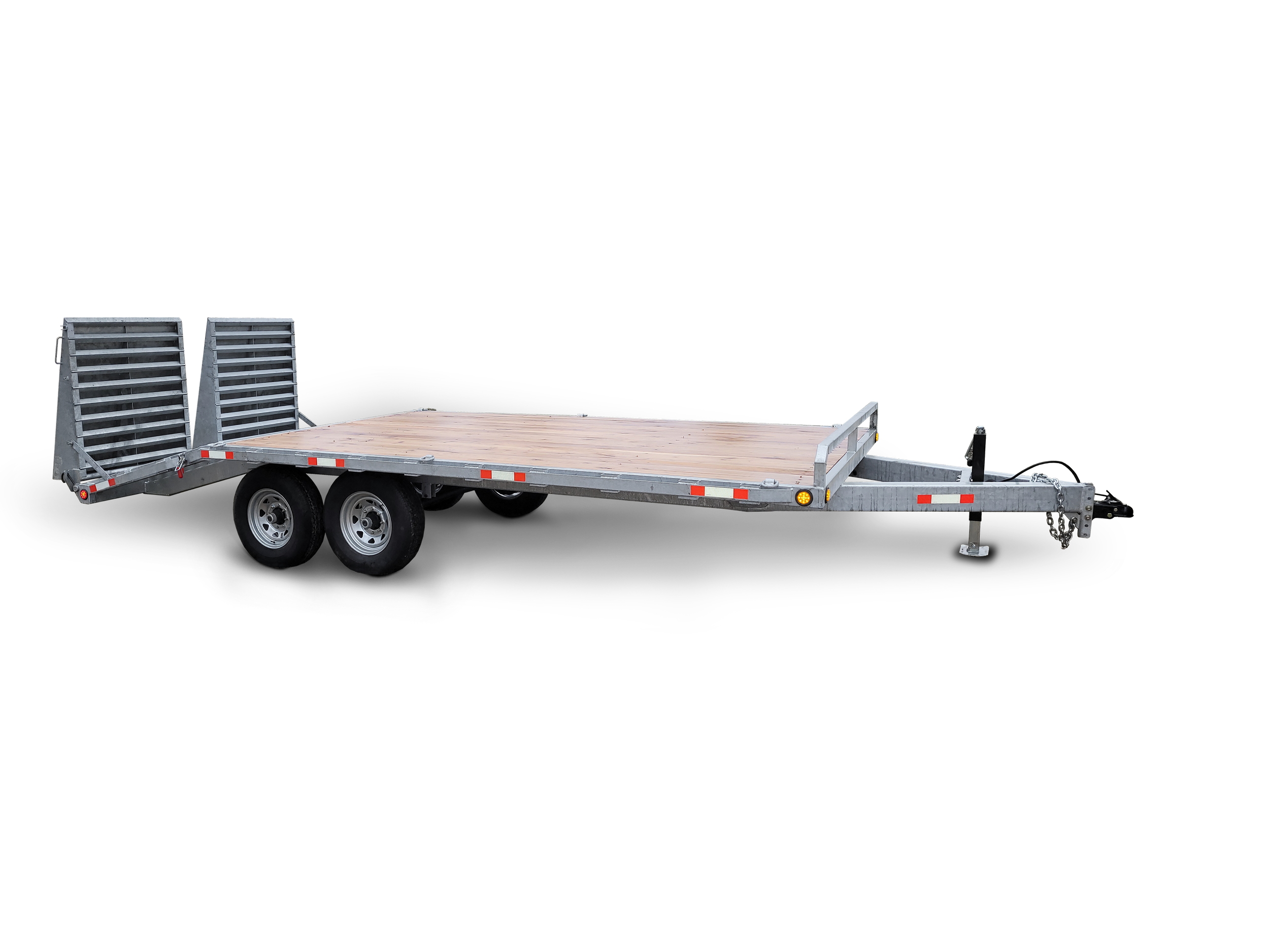 Metal flatbed trailer with dual axles and foldable loading ramps at the rear, designed for transporting vehicles or large equipment.